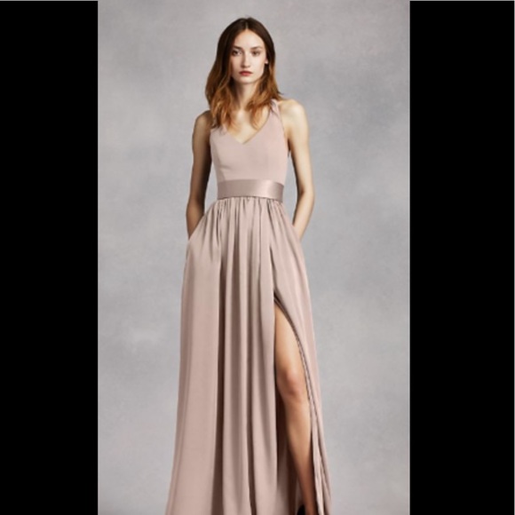 NWOT VERA WANG WHITE V -Neck Halter Gown with Slit VW360214 Biscotti 4 - Picture 3 of 6